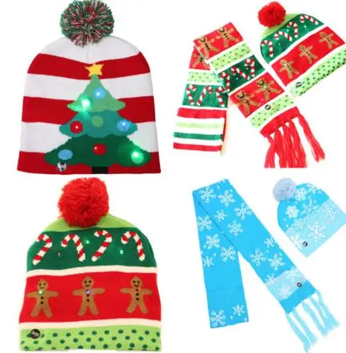 Lemputės mirksi megzti skrybėlę ir skara LED Kalėdų bobble skrybėlę kalėdų dovana gyvulių užpildas Žiemą Šilta Kepuraitė skrybėlės vaikas suaugę
