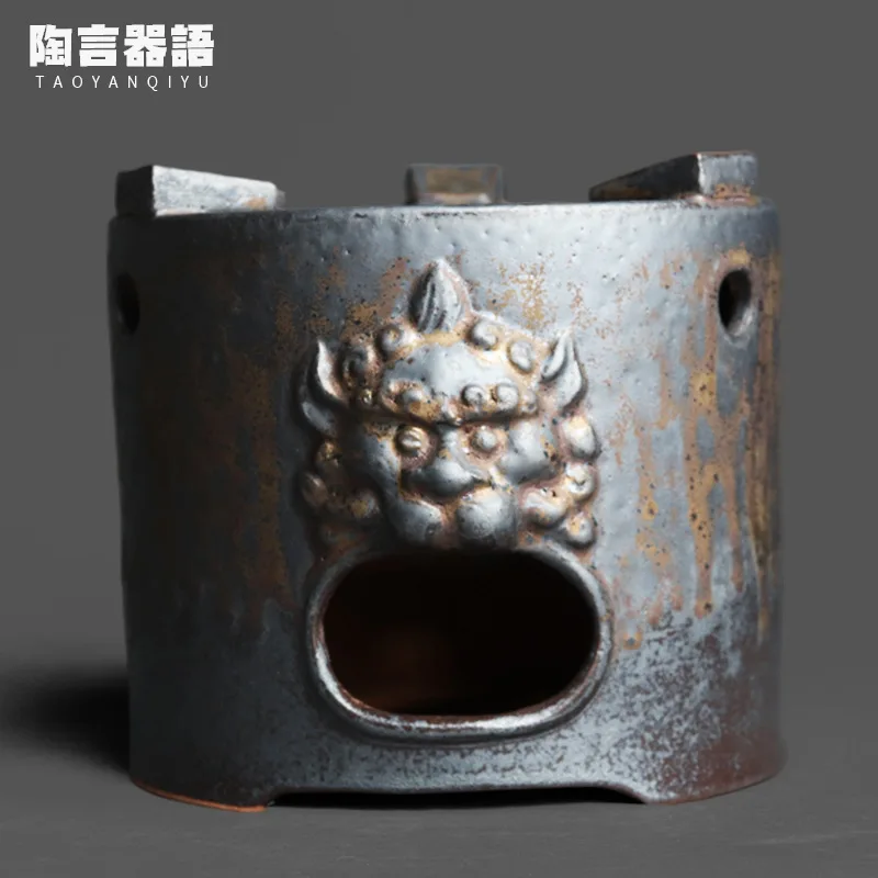 Retro keramikos krosnyje keptų paauksuota anglis viryklė iškilumo laimingas gyvūnų formos virinto vandens, grilis apatinio rėmo vėjo viryklė