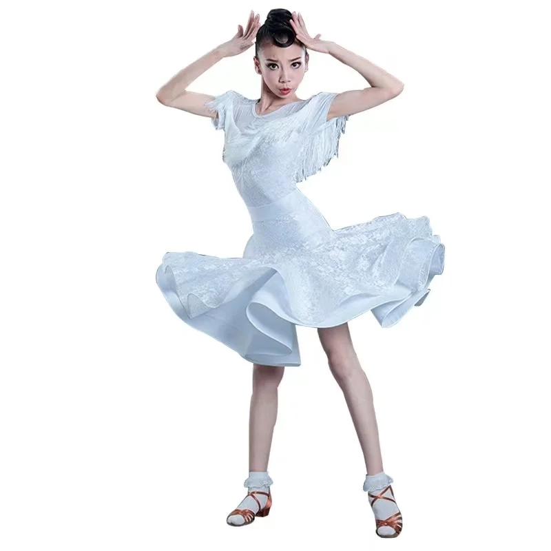 Nėrinių Suknelė Su Kutais Mergina Lotynų Šokių Suknelė Konkurencijos Vaikams Pramoginiai Vaikams Sijonas Tango Salsa Dancewear Praktikos Dėvėti Balta