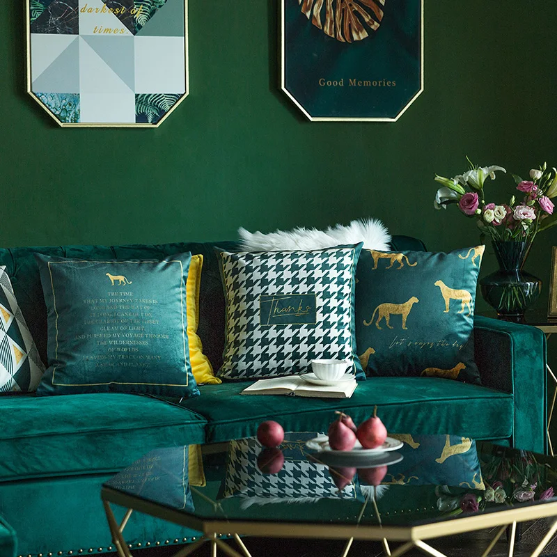 šiuolaikinės mėlyna žalia aksomo pagalvėlės dangtis gyvūnų aukso spausdinti mesti pagalvę padengti sofa mesti užvalkalas namų dekoro