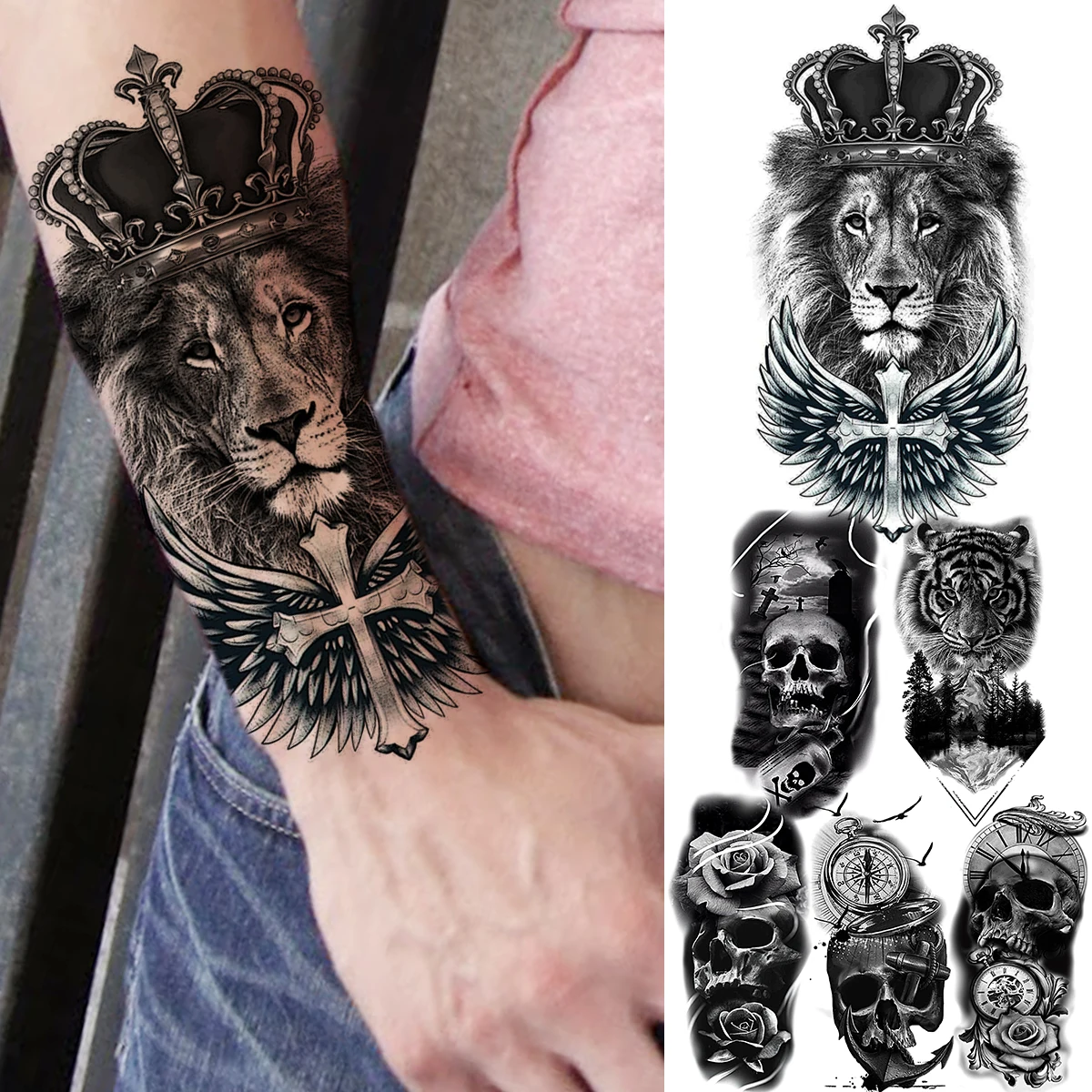 3D Liūto Karūną Kryžiaus Laikinas Tatuiruotes Vyrai Moterys Suaugusiųjų Kaukolė Gėlių Kompasas Tigras Netikrą Tatuiruotę, Kūno Menas Apdaila, Tatuiruotė Popieriaus