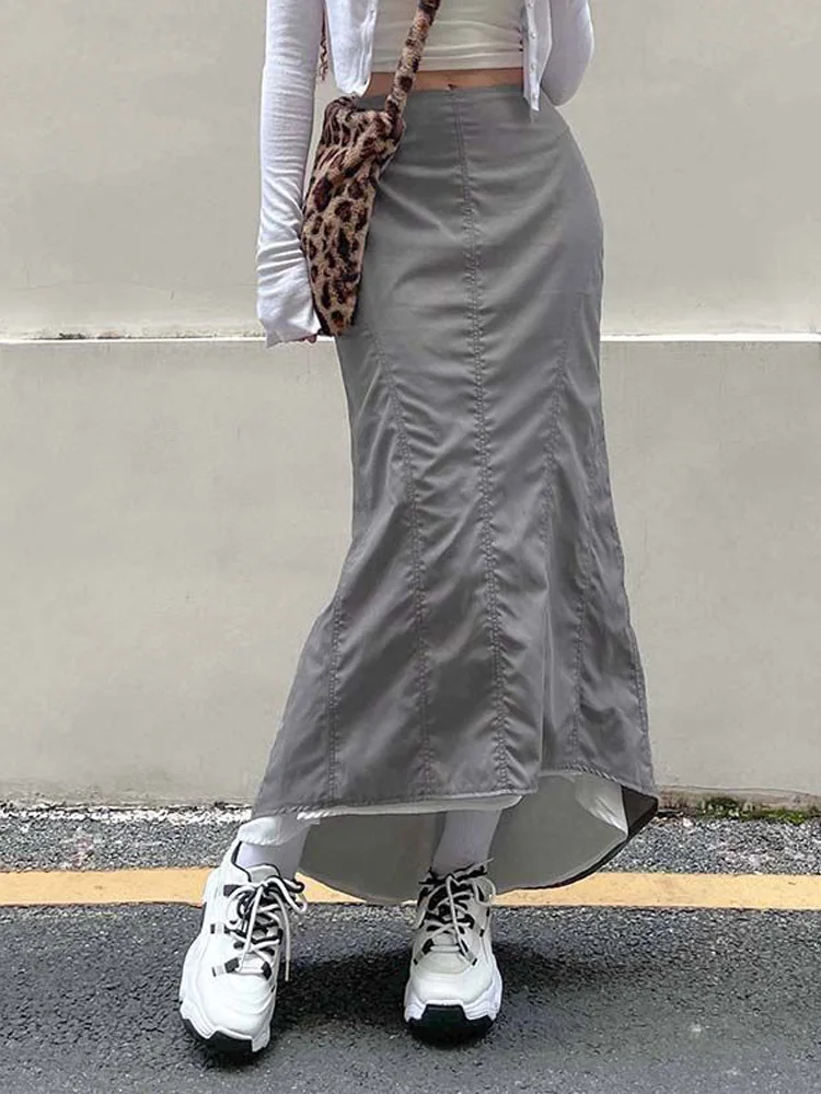 Kišenė su užtrauktuku Šviesus Soild Pilka Linija Apdaila Vidutinio ilgio Sijonas Moterims Aukšto Juosmens-line Apranga Mados Mujer Streetwear Drabužius