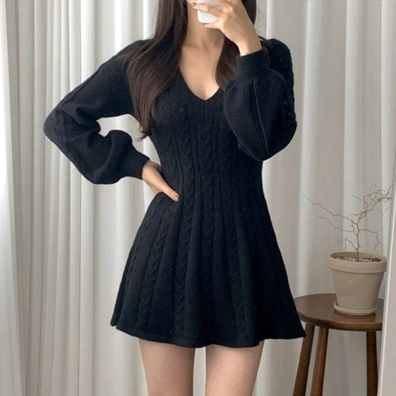 Iki 2023 M. Rudens Žiemos Ilgomis Rankovėmis Megzti Suknelę Moteris Korėjos V-Kaklo Džemperis Suknelės Moteris Naujų Vientisos Spalvos Vientisas Ponios Suknelė