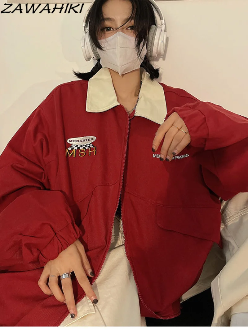 American Retro Laiškas Spausdinti Y2K Striukės ilgomis Rankovėmis Kratinys Turn-žemyn Kaklo Paltai Streetwear Rudenį Mielas Zip-Iki viršutinių drabužių siuvimas