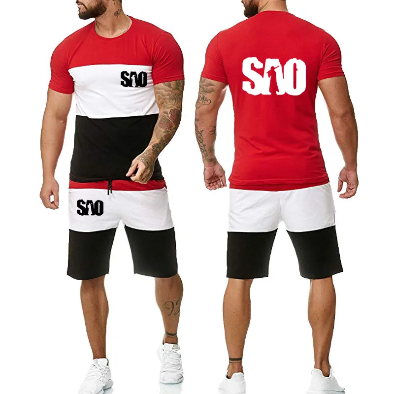 Mados atsitiktinis vyriški T-shirt 2-Piece SAN Kardas Meno Internete Spausdinimo Vasaros Sujungimas spalvos Aukštos Kokybės Medvilnės Vyrų sportinis kostiumas
