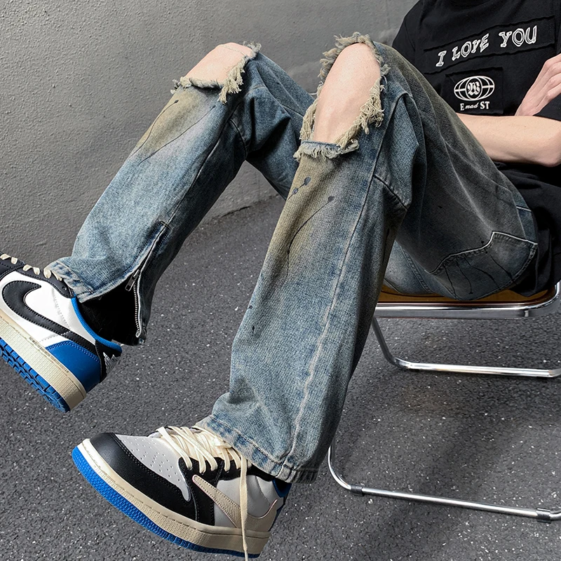 2022 Vyrų Laukinių Harajuku Ripped Jeans Flare Kelnės Didelio Juosmens Pločio Kojų Džinsai Streetwear Paprastas Važinėti Liesas Pločio Kojų Kelnės