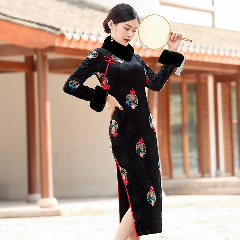 OEING Naujas Moterų Kinų Stiliaus Cheongsam Suknelė Elegantiškas Plonas Rudenį, Žiemą Qipao M-5XL