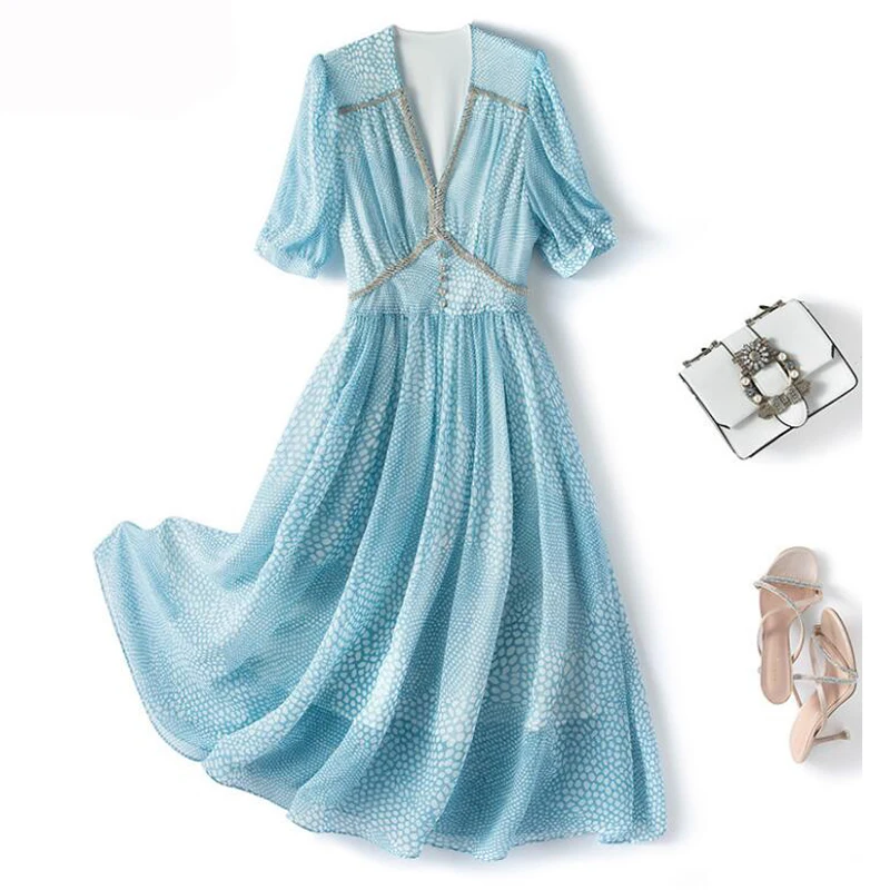 Mados Plius SizeXXL XXXL XXXXL Šifono Suknelė Moterims Aukštos Kokybės V-kaklo Elegantiškas Šalis Vasaros Ilgos Suknelės Sky Blue Print