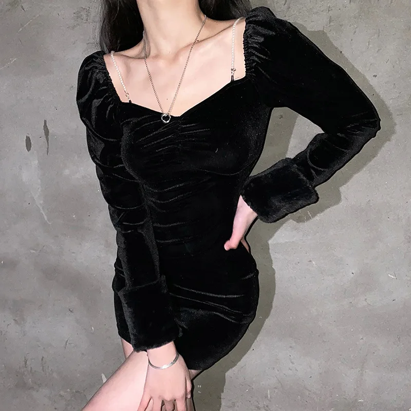 Elegantiškas Lady Black Velvet Mini Suknelė Vakare Vakarėlis Derliaus Pearl Dirželis Aikštėje Apykakle Ilgomis Rankovėmis Wrap Bodycon Suknelė Moterims