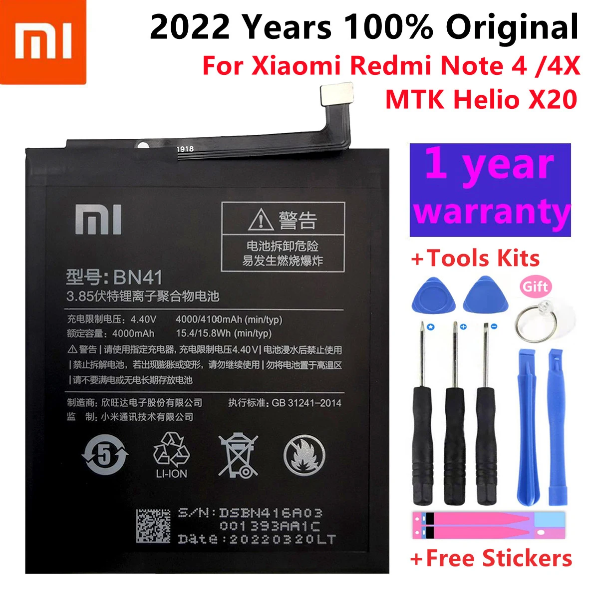 Xiao mi 100% Originalus BN41 4100mAh Baterija Xiaomi Redmi Hongmi 4 Pastaba / Redmi Pastaba 4X MTK Gel X20 Baterijos