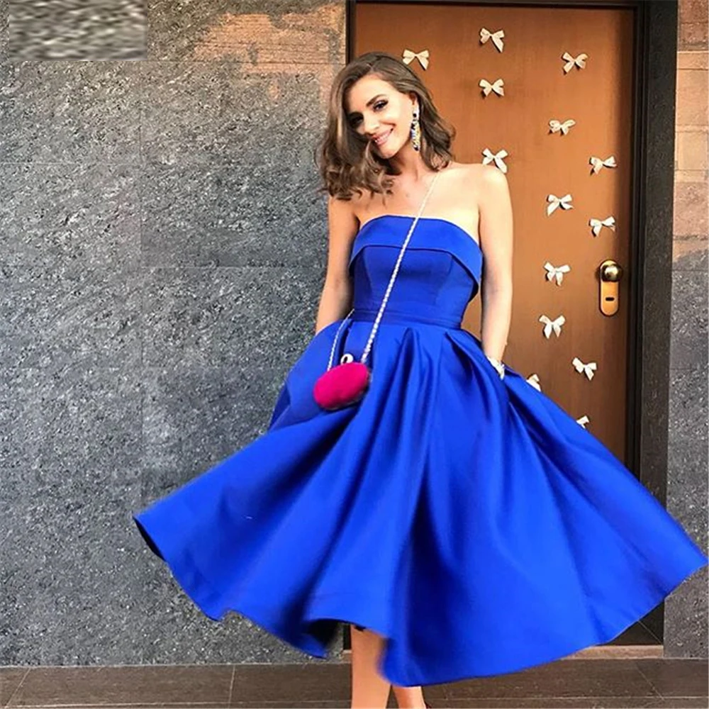 Royal Mėlyna Satino Promenadzie Suknelė Oficialų Rankovių Vakaro Suknelės su Kišenėmis Moterys Šalis Dress Atgal suvarstomi