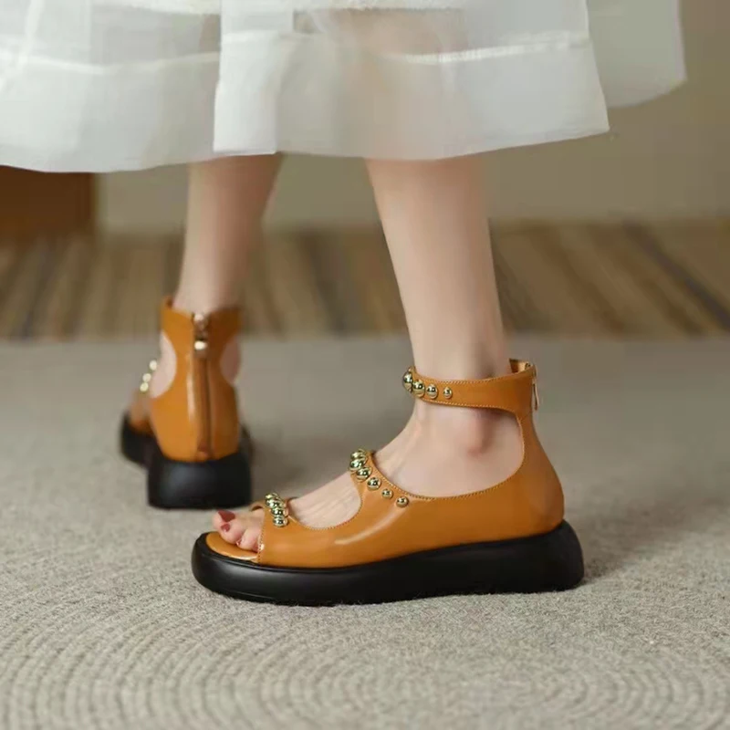 4CM Moterų Sandalai Dizaino Galiniai Užtrauktuką Metalo Dekoratyvinis vientisos Spalvos Laisvalaikio Bateliai Vasaros Moterų Asmenybės Tuščiaviduriai Romos Batai
