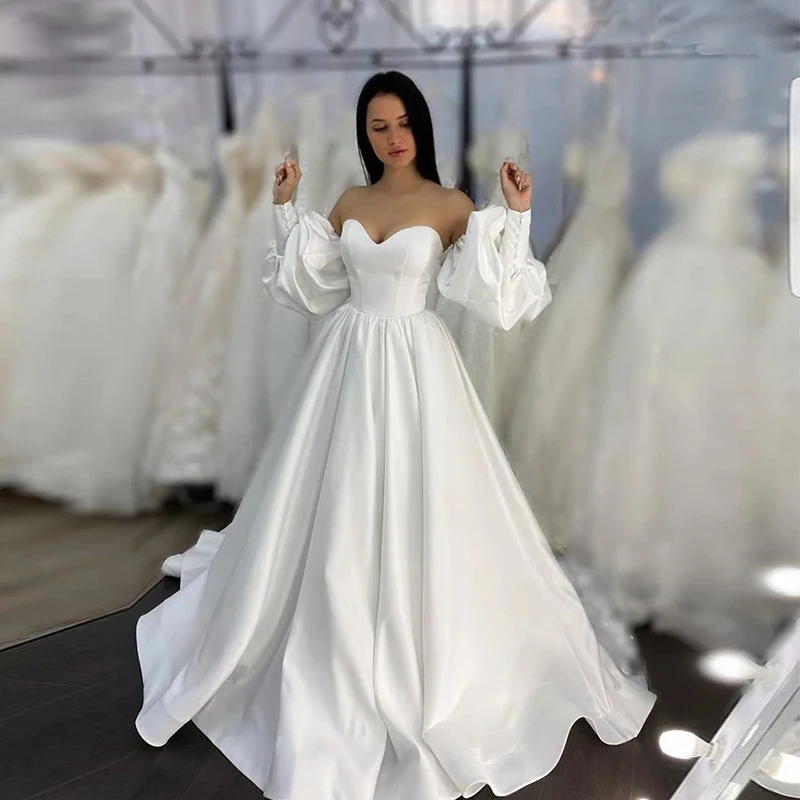 Satin Balta Paprasta Vestuvių Suknelės Moterų Elegantiškas Brangioji Serija Nuimamas Purus Burbulas Rankovės Vestuvinės Suknelės Oficialų Šalis