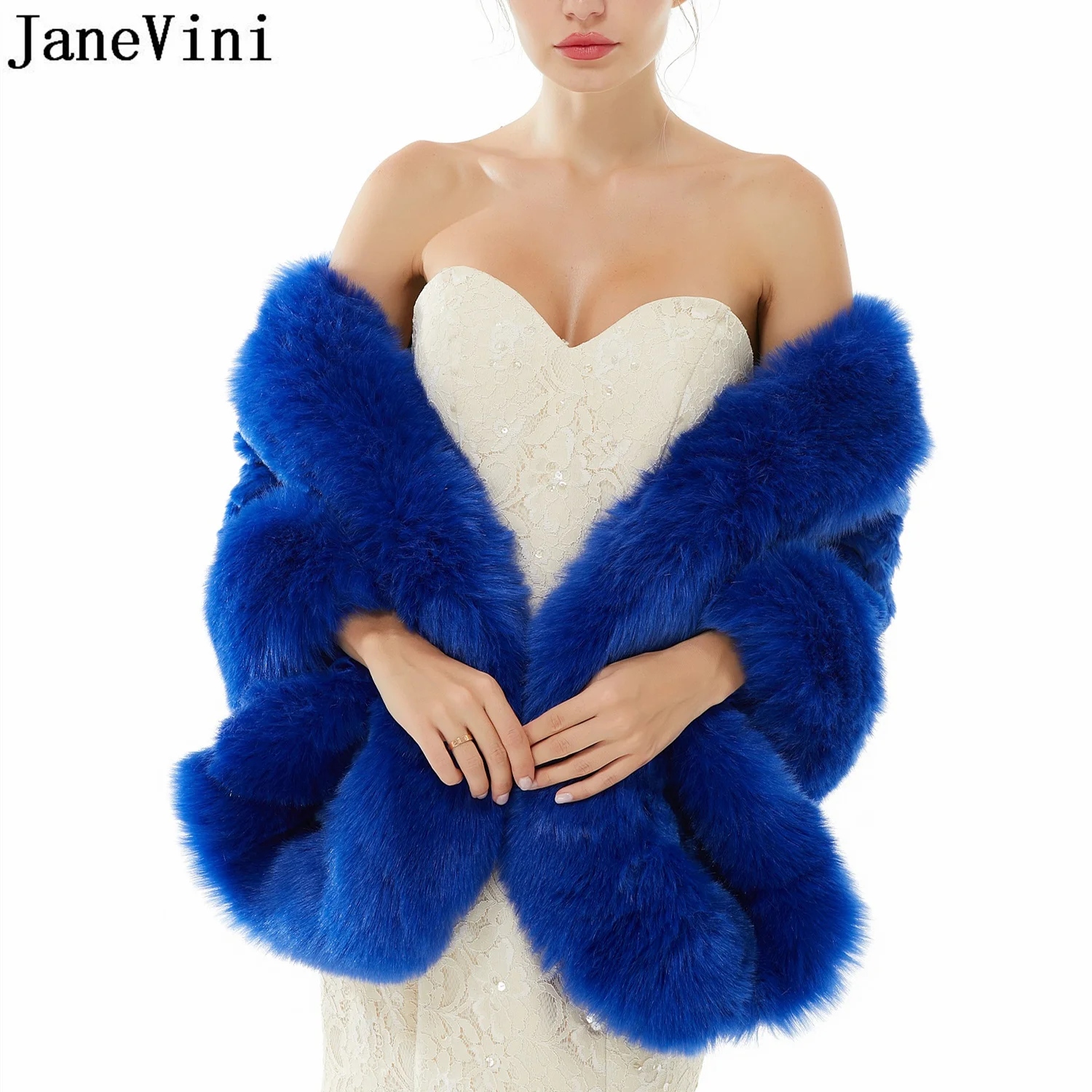 JaneVini Royal Blue Cape Vestuvių Suknelė Padengti Iki Striukė dirbtinis Kailis Skaros Dirbtiniais Kailiais Braut Žaliojo Nuotakos Apsiaustas 2023 Žiemą