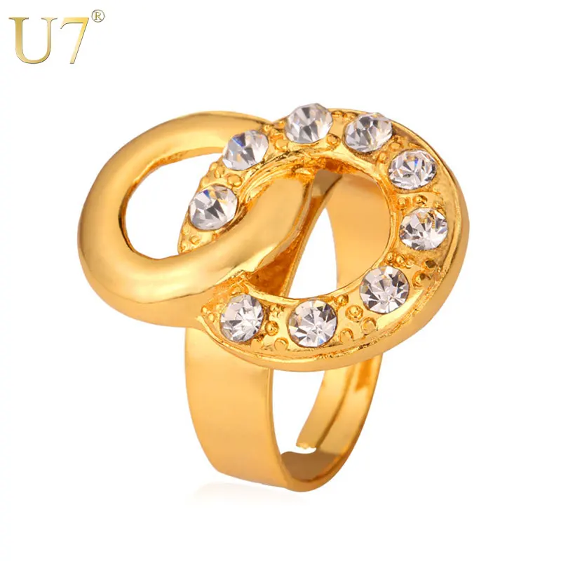 U7 Madinga Apvalios Formos Žiedas Crystal Aukso Spalvos Vestuvių Juostas, Keičiamo Dydžio Žiedą, Moterims, Šaliai, Papuošalai Didmeninė R367