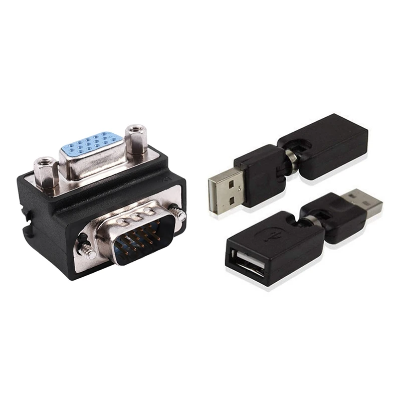 1X 15-Pin VGA Vyrų ir Moterų, M/F, stačiu Kampu Adapteris & 2X USB 2.0 Type A Male Tipo Moterų Kampas Extension Adapter
