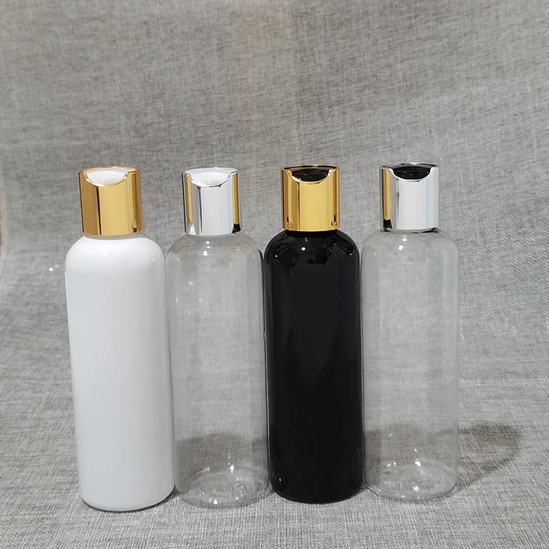 40pcs 200ml balto Juoda apvali tuščių plastikinių kūno šampūno buteliukas su aukso sidabro disko viršutinio dangtelio,PET daugkartiniai skystas muilas buteliai