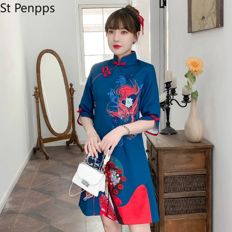 Šiuolaikinių moterų cheongsam, elegantiškas, mėlyna, atsitiktinis, šalis, karnavalas, mados, trumpas rankovėmis, Kinų tradicinė apranga