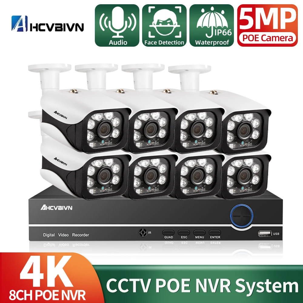 Veido Aptikimo 8CH POE NVR 5MP Apsaugos kamerų Sistemos Lauko Vandeniui CCTV Vaizdo Stebėjimo Vaizdo įrašymo Rinkinys
