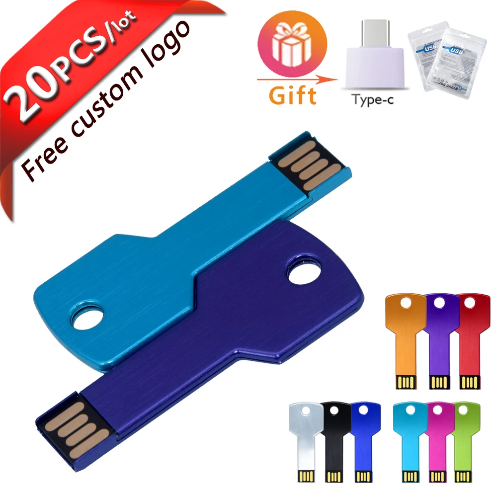 20pcs USB Flash Drive 32GB 64GB Metalo Klavišą Pendrive 16GB 8GB Vandeniui Pen Drive USB 2.0 USB Stick, Memory Stick Nemokamai logotipą