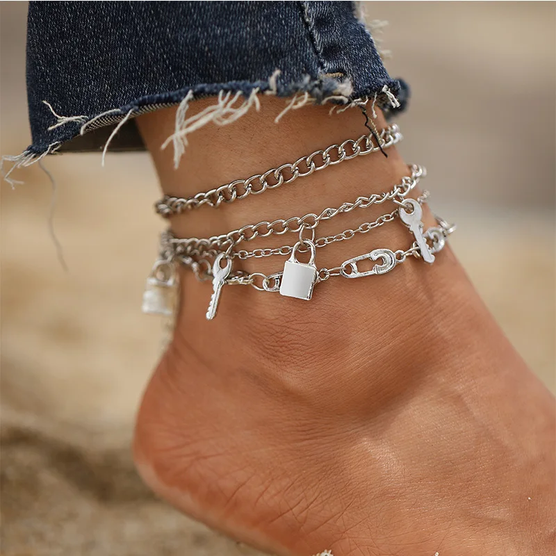3-dalių komplektas Sidabro Spalvos Anklet Apyrankę Ant Kojos Mados Širdies Moteris Anklets Basomis Moterų Kojų Grandinės Paplūdimio Pėsčiomis Brangakmenis