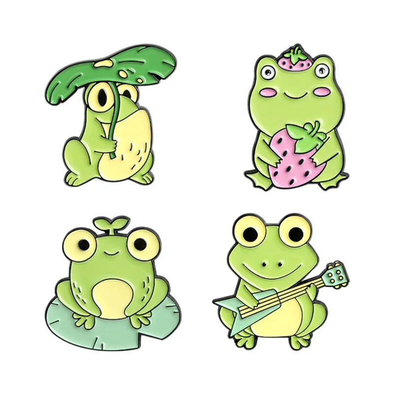 Laimingas Frogg šeimos sagė mielas gyvūnų ženklelis Frogg groti gitara valgyti braškių lotus lapų skėtis emalio pin