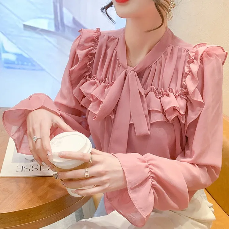 Mados Korėjos Saldus Ruffles Šifono Palaidinės 2022 Moterų Pavasario Laisvi Drabužiai Elegantiškas Lankas Kaklaraištis Ponios Vintage Marškinėliai Blusas Mujer