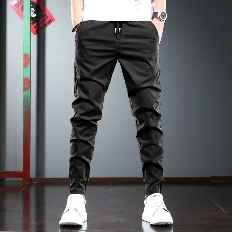 2022 Naują Atsitiktinis Kelnės Vyrams Korėjos Stiliaus Streetwear Elastinga Juosmens Juoda Slim Fit Kelnės