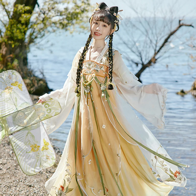 Naujas Hanfu Kostiumas Moterims, Kinų Tradicinė & Senovės Pasakų Suknelė Tang Dinastijos Princesė Kostiumai Moterų Geltona Hanfu DQL6828