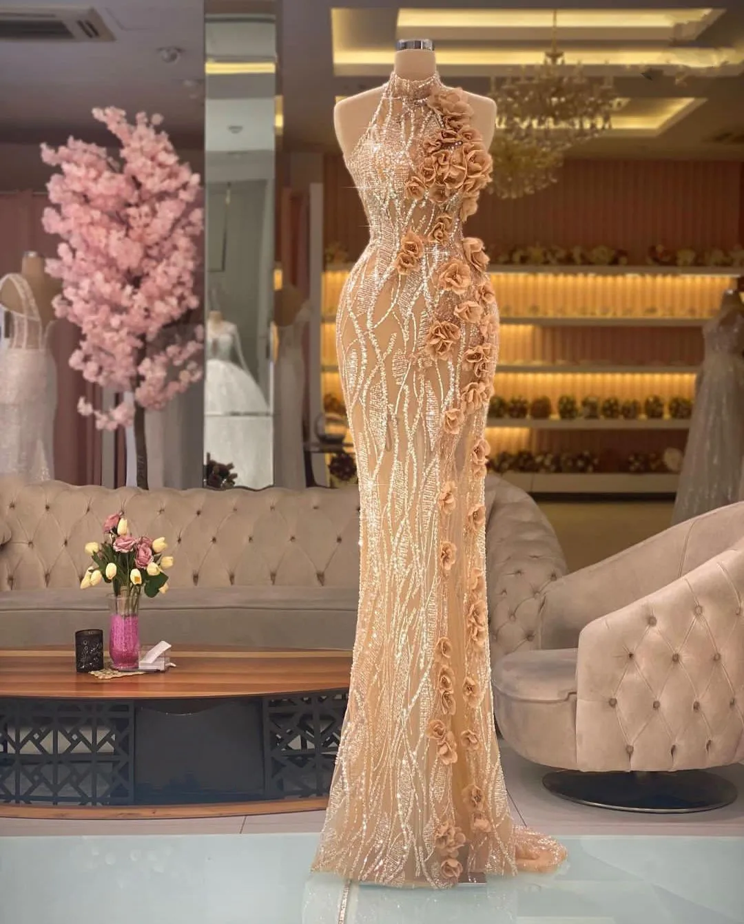 Prabangių vakarinių Suknelių Rankovių Aukštos Kaklo Nėrinių Blizgančiais Appliques Undinė 3D Gėlės Nuimamas Traukinio Prom Dresses Užsakymą
