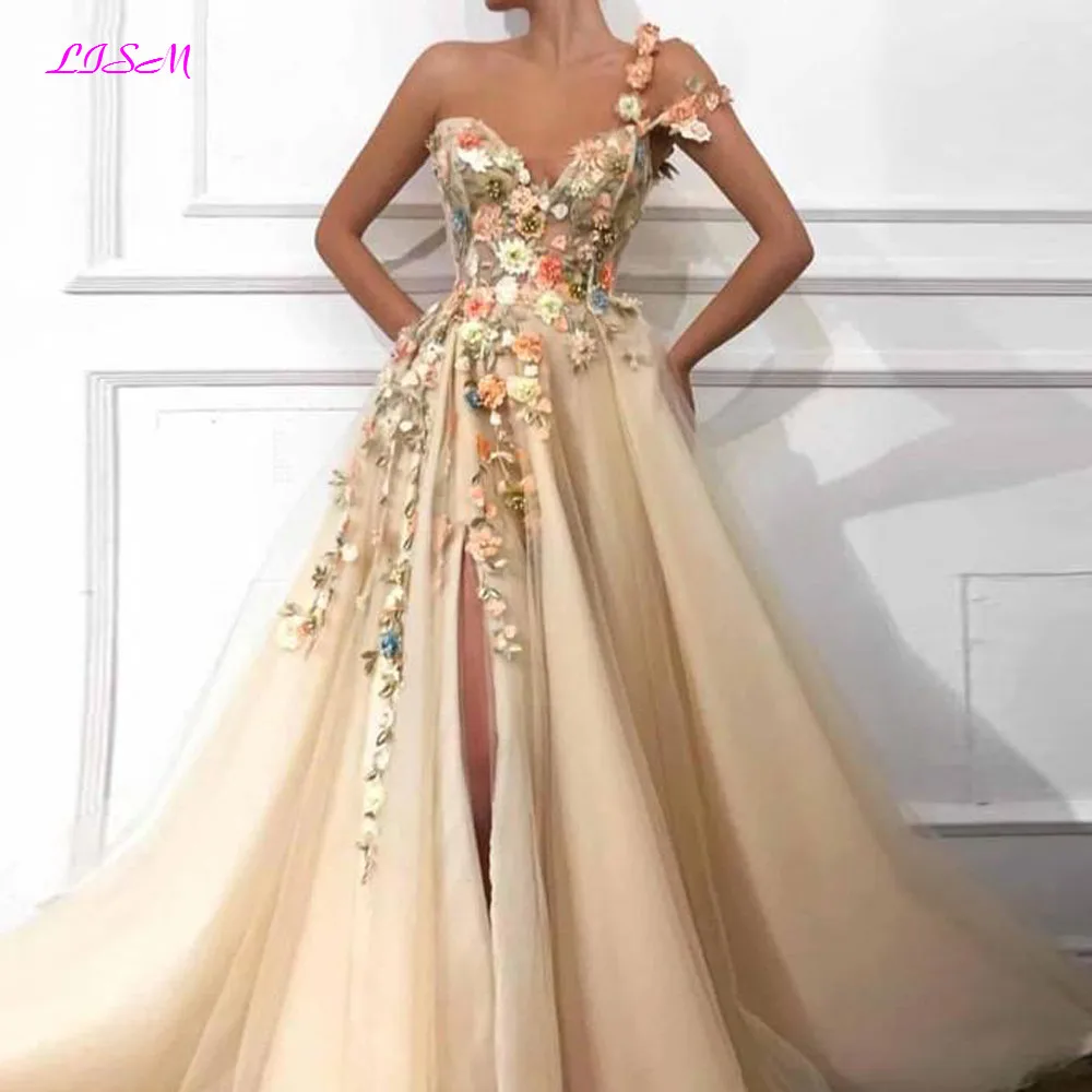 Elegantiškas Vieno Peties Prom Dresses Ilgai 3D Gėlių Nėrinių Aplikacijos Zawalcowany Oficialią Vakaro Suknelės, Šaliai, Suknelės su Aukštos Padalinti