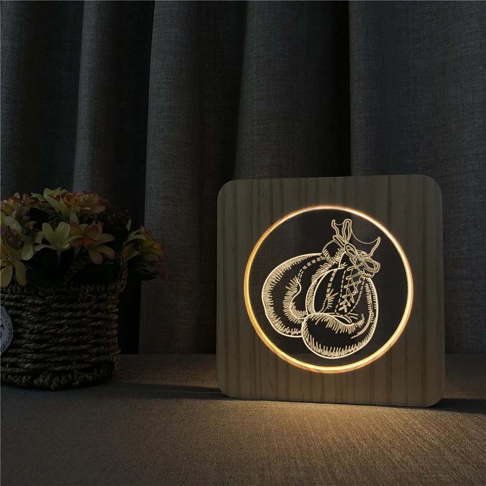 Bokso Pirštinės Formos 3D LED Arylic Mediniai Naktį Lempos Lentelė Šviesos Jungiklis Kontrolės Drožyba Lempos Vaikų Kambario Papuošti