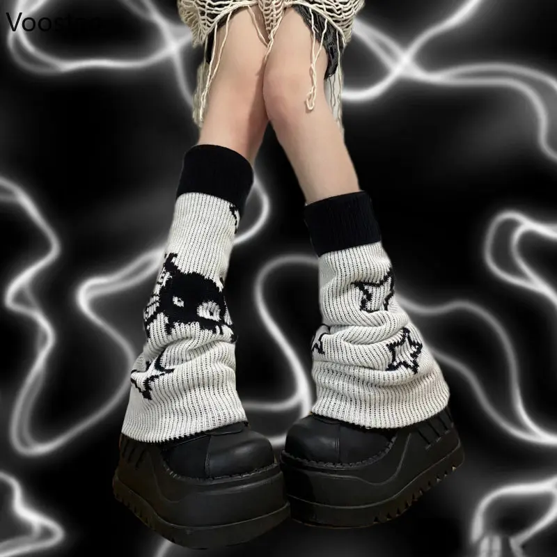 Harajuku Gothic Lolita Y2k Star Kaukolė Spausdinti Juoda Balta Megzti Kojų Šildytuvus Kojinės Punk Mergina Japonijos Kawaii Streetwear Kojos Dangtis