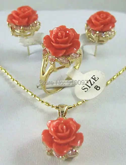 LHX54012>gražus aukso plokštelės rose coral flower Pendant Auskarus Žiedas rinkinys