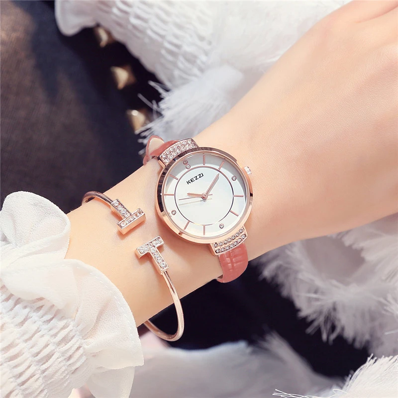 Naujas KEZZI Prekės Prabanga PU Dirželis Kvarcas Laikrodžiai Mados Bauda Inkrustacijos kalnų krištolas Dial Japonija Judėjimo Ponios Suknelė Watch Laikrodis Moterims