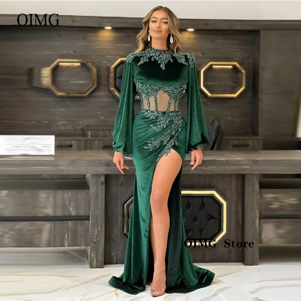 OIMG Emerald Green Velvet ilgomis Rankovėmis, Vakaro Suknelės Aplikacijos O-Kaklo Iškaulinėjimas Padalinta Šalis Suknelė Dubajaus Moterų Oficialų Promenadzie Suknelė