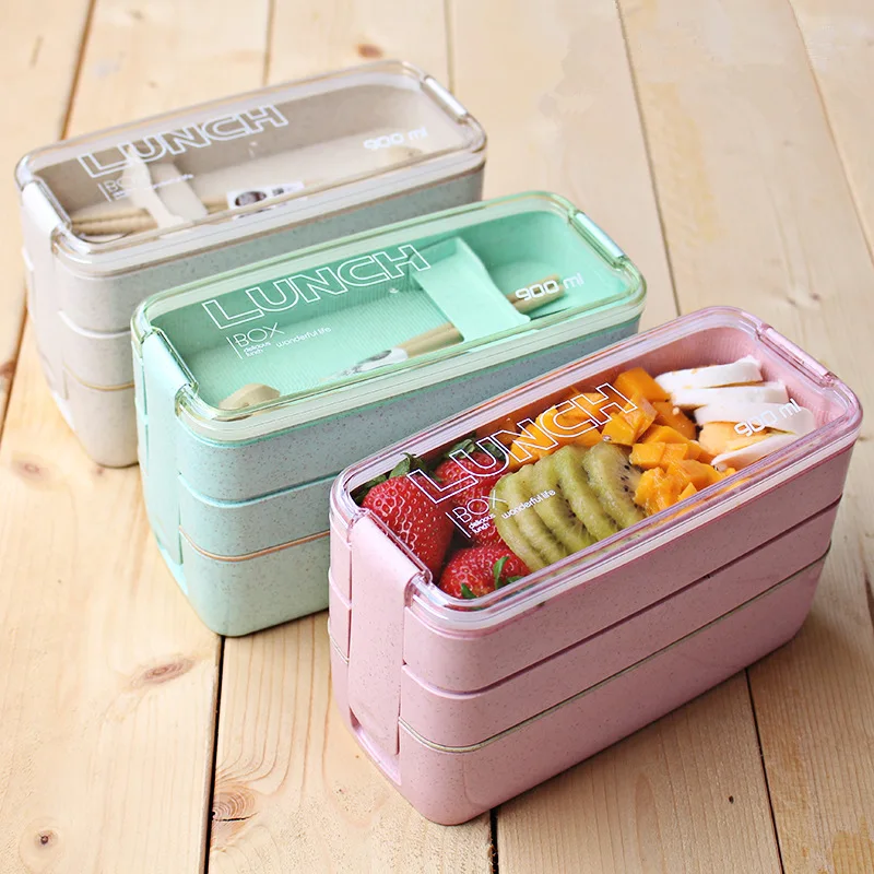 900ml 3 Sluoksnių Pietūs Bento Box Maisto Konteineryje Ekologiškų Kviečių Šiaudų Medžiaga Microwavable Indai Lunchbox 2022 Naujas Vip