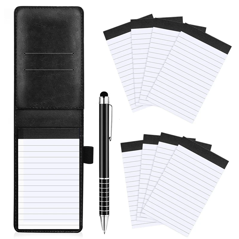 10vnt Mini Pocket Notepad Turėtojo Nustatyti Su Metaliniu Rašiklio Kišenėje Sąsiuvinis Korekcijai (Juoda)