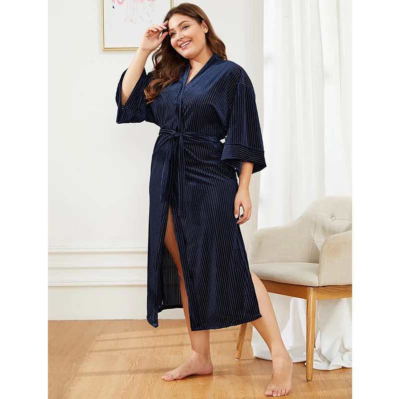 Plius Dydis Moterų Aksomo Pižama Rudens Ir Žiemos Ilgos Dryžuotos Laisvi Namų Drabužiai Sleepwear