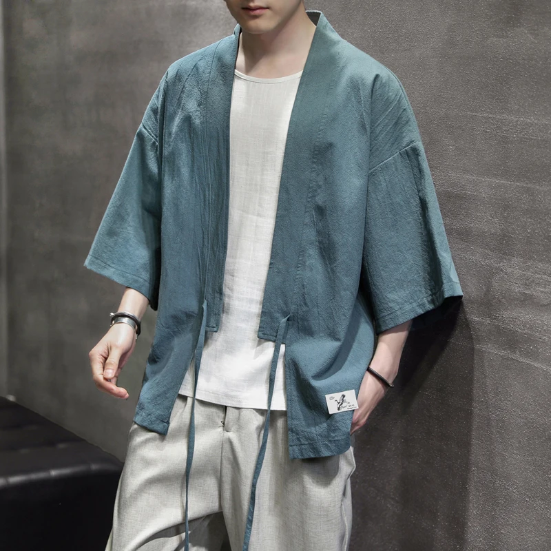 Japanes Stiliaus Vyrų Marškinėliai Kieto Spalvų Šviesą Hanfu Pusė Rankovėmis Plius Dydis Vyrų 2021 M. Derliaus Iškirptę Be Apykaklės Mens Kimono Marškinėliai