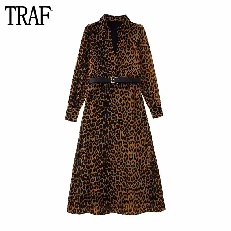 TRAF Leopard Print Suknelė Moteris Diržo Marškinėliai Suknelė Moterims Office Žiemos Ilgos Suknelės Moterims ilgomis Rankovėmis Išeina 