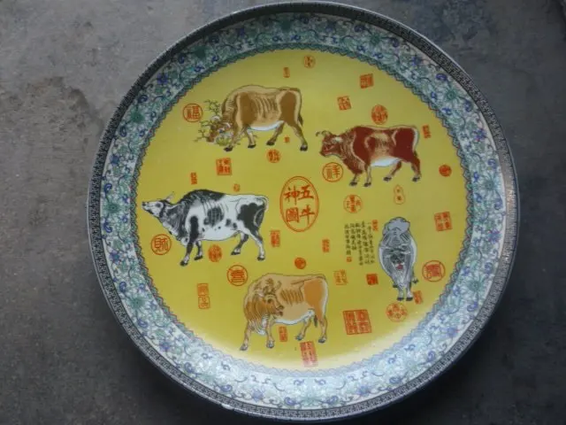 34cm(d) Retas Čing Dinastijos porceliano plokštelės ,penkios karvės,Nemokamas pristatymas