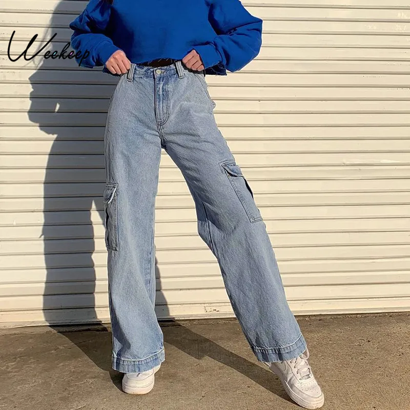Weekeep Kišenės Kratinys Aukšto Juosmens Džinsai Moterims Streetwear Tiesiai Jean Femme Mėlyna 100% Medvilnės Krovinių Kelnės