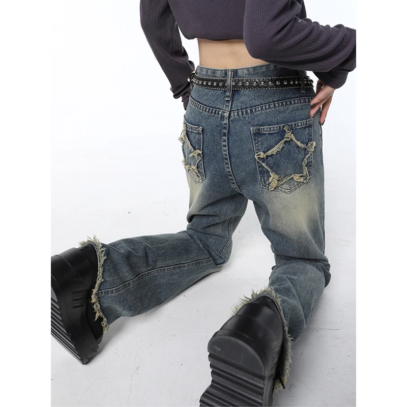 Moterų Harajuku Derliaus Star Modelio Plataus Kojų Kelnių 2022 Atsitiktinis Tiesiai Baggy Džinsinio Audinio Kelnės Mados Baggy Aukšto Juosmens Streetwear