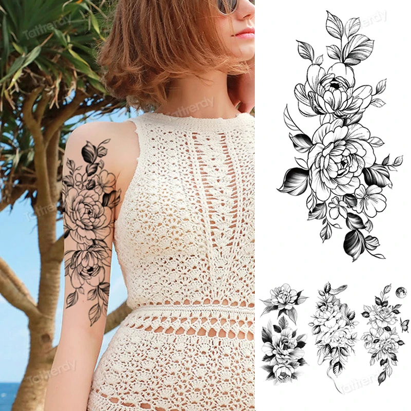 pranešk apie netikrą tatuiruotę moteris gėlių laikina tatuiruotė lipdukas rose bijūnų lotus saulėgrąžų lapai rankovės raištį tatuiruotė juoda eskizas