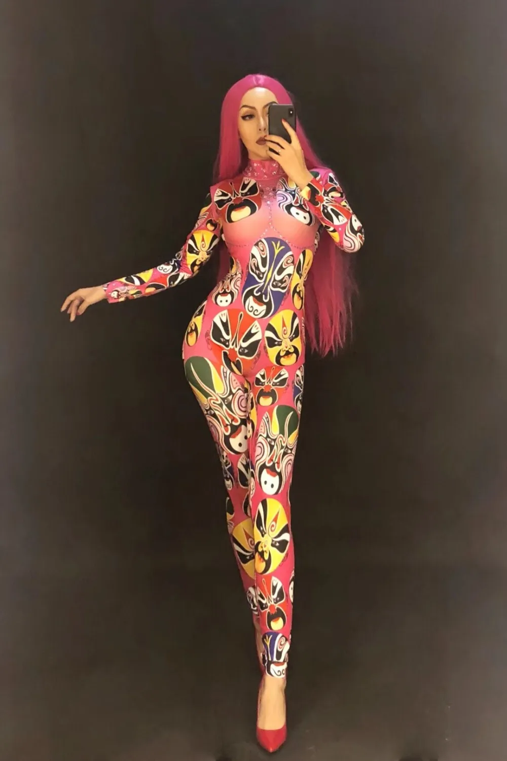 Moterų Sexy, 3D Spausdinimas Kinų Veido Jumpsuit Antblauzdžiai Apranga Šalies Kostiumai Etape BodySuit Cirkonio Liesas Ruožas Rompers