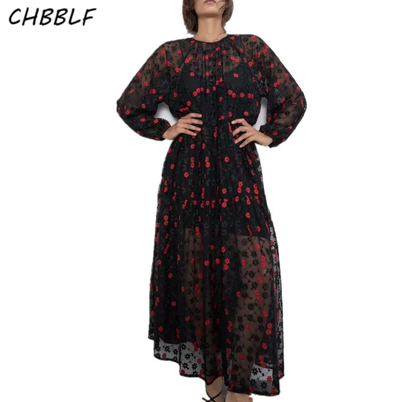 CHBBLF moterims, stilingas dviejų dalių komplektas midi suknelė siuvinėjimo O kaklo, ilgomis rankovėmis moteriška atsitiktinis juoda suknelė, prašmatnus vestidos CDC9390