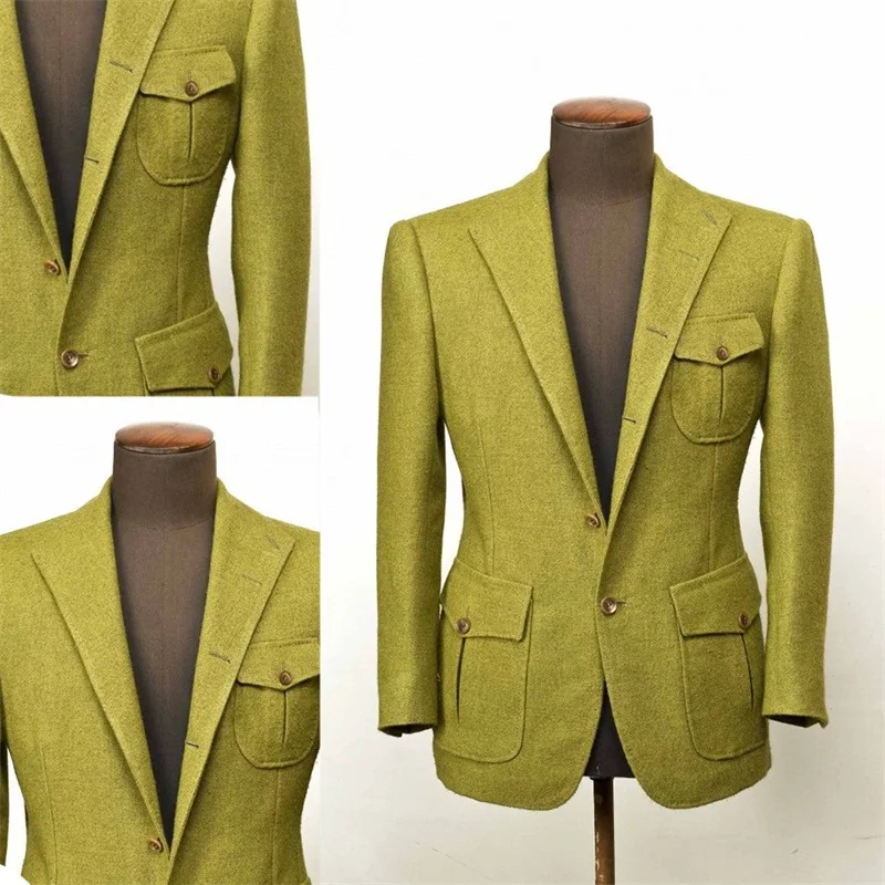 Gražus Žalia Vyrų Kostiumai Pagal Užsakymą Pagaminti Vyrų Kailio Vilnos Modernus Dizainas Tuxedos Pasiekė Atvartas Švarkas Verslo Outwear