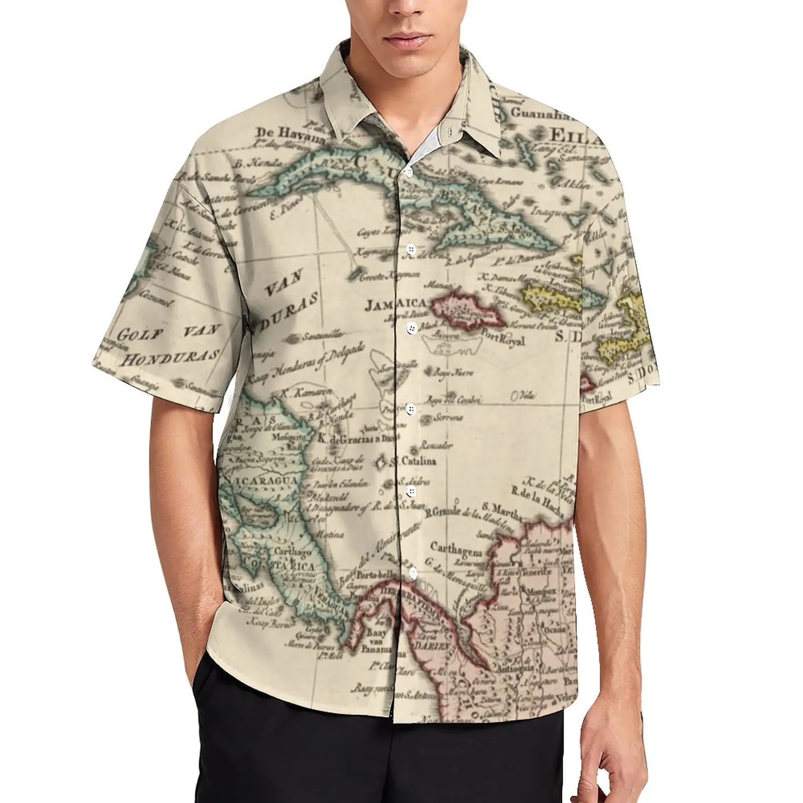 Derliaus Žemėlapį Spausdinti Marškinėliai Havajų West Indies, Karibų Jūros Atsitiktinis Marškiniai, Palaidinės, Trumparankoviai Derliaus Negabaritinius