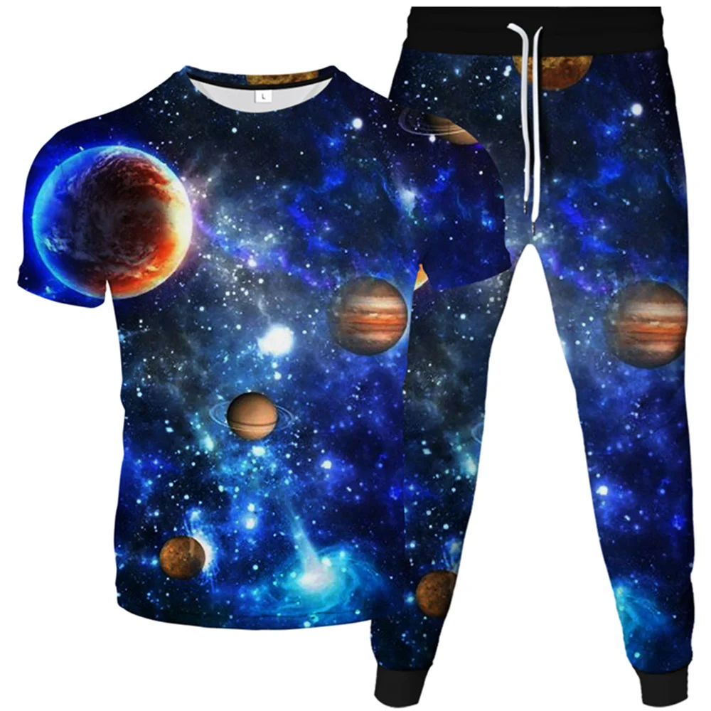 Vyriški Visatos Spalvinga Galaxy Planet Star Žemę, Mėnulį 3D Spausdinimo Sportwear Tracksuit Vyrų T-Shirt Ilgas Kelnes 2vnt Drabužių Rinkiniai